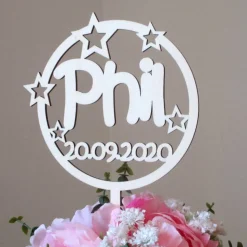 Blumen- / Tortenstecker Taufe Sternenkreis mit Name und Datum aus Holz, Caketopper, Tortentopper, Blumenstecker, Blumengesteck, Schriftzug