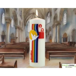 Bogen des Friedens – Handverzierte Osterkerze mit Taube, Regenbogen & Alpha/Omega, christliches Symbol für Frieden