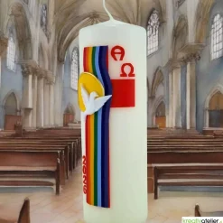 Bogen des Friedens – Handverzierte Osterkerze mit Taube, Regenbogen & Alpha/Omega, christliches Symbol für Frieden