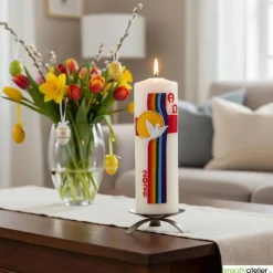 Bogen des Friedens – Handverzierte Osterkerze mit Taube, Regenbogen & Alpha/Omega, christliches Symbol für Frieden