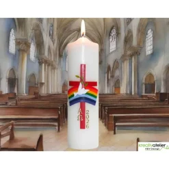 Bote des Friedens – Handverzierte christliche Osterkerze mit Taube, Regenbogen, rotem Kreuz & Alpha/Omega
