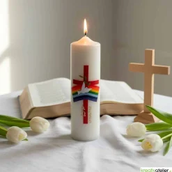 Bote des Friedens – Handverzierte christliche Osterkerze mit Taube, Regenbogen, rotem Kreuz & Alpha/Omega