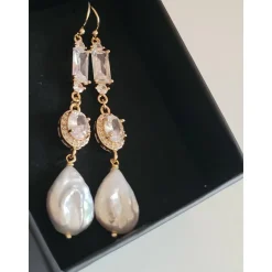 Braut Ohrringe Lang Hochzeitschmuck Süßwasserperlen mit Zirkonia Vergoldete Hochzeit Schmuck