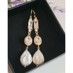 Braut Ohrringe Lang Hochzeitschmuck Süßwasserperlen mit Zirkonia Vergoldete Hochzeit Schmuck