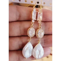 Braut Ohrringe Lang Hochzeitschmuck Süßwasserperlen mit Zirkonia Vergoldete Hochzeit Schmuck