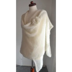 Braut Stola, Tuch, Umhang, Bolero, Schal, Hochzeit, Alpaka Seide! creme, Häkelblume, Brosche!