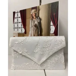 Brauttasche Handtasche Clutch elegant bestickt Blumenmuster Weiß Satin Riemen