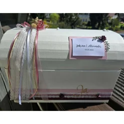 Briefbox Truhe Altrosa-Brombeere-Gold JA - Hochzeit Kartenbox