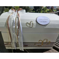 Briefbox Truhe BRAUN-GOLD mit modernen Herzen und Perlen - Hochzeit Kartenbox