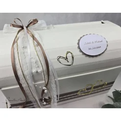 Briefbox Truhe BRAUN-GOLD mit modernen Herzen und Perlen - Hochzeit Kartenbox