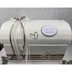 Briefbox Truhe BRAUN-GOLD mit modernen Herzen und Perlen - Hochzeit Kartenbox