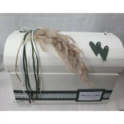 Briefbox Truhe Dunkelgrün-Gold mit Pampasgras - Hochzeit Kartenbox