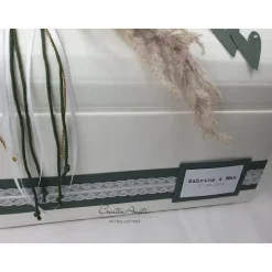 Briefbox Truhe Dunkelgrün-Gold mit Pampasgras - Hochzeit Kartenbox