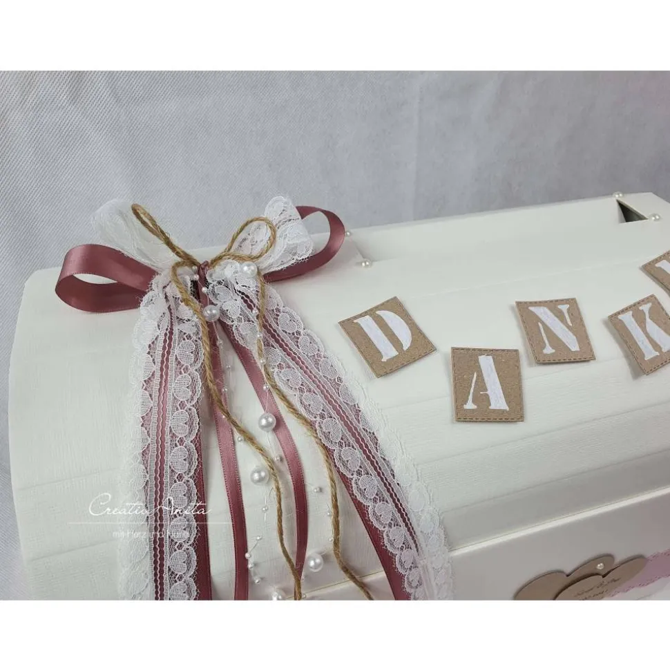 Briefbox Truhe VINTAGE DANKE mit Altrosa - Hochzeit Kartenbox