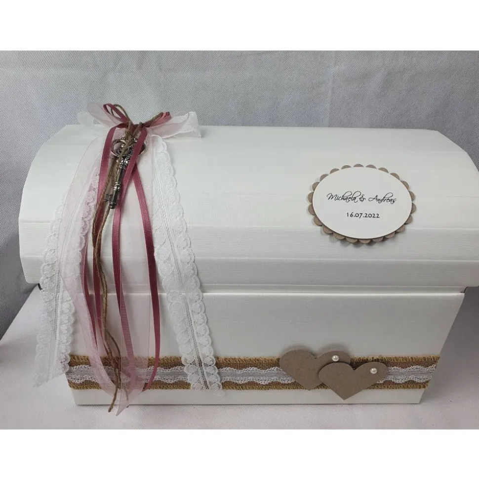 Briefbox Truhe VINTAGE mit Zierschlüssel in elfenbein-altrosa Hochzeit Kartenbox