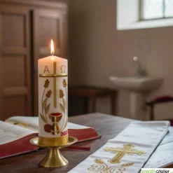 Brot des Lebens – Handgefertigte Osterkerze mit Kreuz, Ähren, Kelch, Alpha & Omega und aktueller Jahreszahl
