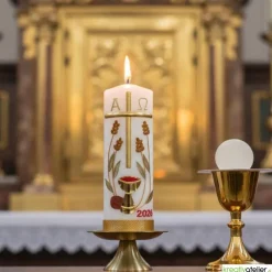 Brot des Lebens – Handgefertigte Osterkerze mit Kreuz, Ähren, Kelch, Alpha & Omega und aktueller Jahreszahl