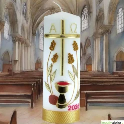 Brot des Lebens – Handgefertigte Osterkerze mit Kreuz, Ähren, Kelch, Alpha & Omega und aktueller Jahreszahl