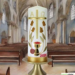 Brot des Lebens – Handgefertigte Osterkerze mit Kreuz, Ähren, Kelch, Alpha & Omega und aktueller Jahreszahl