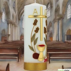 Brot des Lebens – Handgefertigte Osterkerze mit Kreuz, Ähren, Kelch, Alpha & Omega und aktueller Jahreszahl