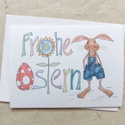 bunte Karte, FROHE OSTERN und Hase in Latzhose, Klappkarte DinA 6, mit Umschlag.