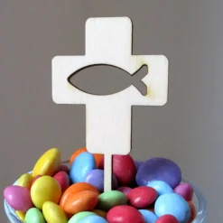 Caketopper für Muffins Kreuz mit Fisch Ichtys aus Holz