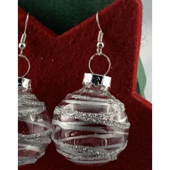 3cm klare Weihnachtskugel-Ohrringe mit silberf. Streifen + Glitzer * Weihnachtsohrringe * Weihnachtskugelohrringe* Chris