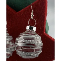 3cm klare Weihnachtskugel-Ohrringe mit silberf. Streifen + Glitzer * Weihnachtsohrringe * Weihnachtskugelohrringe* Chris