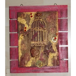Collage Acrylbild BIRDCAGE im angesagten Shabby Stil  auf einem Holzobjekt gestaltet Steampunk Malerei Holzbild