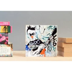 Comic Clown mit Gitarre handmade Foto auf Holz 13x13 Graffiti Holzbild Wandbild Holzdeko Dekoration Geschenk für ihn Geschenkidee
