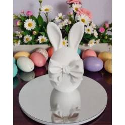 3D Druck Hasen Teelichthalter, Minimalistisches Deko-Ei mit Schleife, Modernes Oster-Windlicht, Geschenk für Frühlings-F