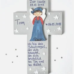 3D Taufkreuz aus Holz – Schutzengelkreuz als personalisiertes Taufgeschenk für Jungen