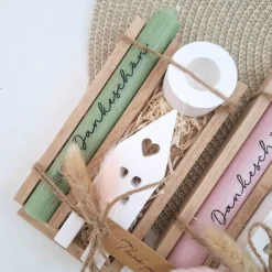 Danke Kerzenset kleines Dankeschön Danke für alles mit Haus / Lichthaus Kerzenhalter rund Stabkerze Schriftzug mit Holzb