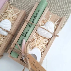 Danke Kerzenset kleines Dankeschön Danke für alles Dekoherz Kerzenhalter Herz Geschenkset Stabkerze Schriftzug mit Holzb