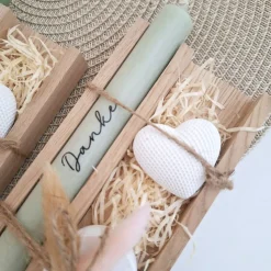 Danke Kerzenset kleines Dankeschön Danke für alles Geschenkset Dekoherz Kerzenhalter rund Stabkerze Schriftzug mit Holzb