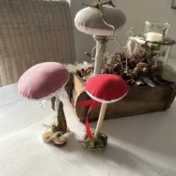 Deko Pilze 3er Set aus Leinen und Treibholz – Handgemachte Herbstdeko im Landhausstil