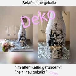 Deko Sekt-Flasche  gekalkt im Vintagelook