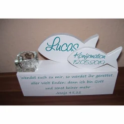 Deko zur Kommunion , Konfirmation, Taufe Fisch auf Holzblock mit Teelichthalter