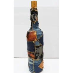 Dekoflasche JEANSLIEBE Upcycling dekorierte Glasflasche Flaschenkunst Dekoration Collage auf Flasche