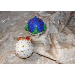 Dekokugeln 2er Set BÄUMCHEN + GLOCKEN Acrylmalerei Collage auf einer Kunststoffkugel weihnachtliche Hängedeko