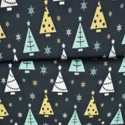 Dekostoff Sterne & Tannenbaum schwarz weiß ocker türkis – Taschenstoff & Möbelstoff Meterware, Weihnachtsstoffe, made in EU
