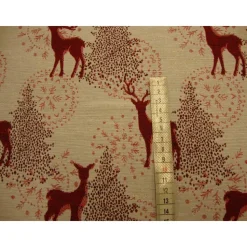 Dekostoff Weihnachten Jacquard natur – rotes Reh & Hirsch im Wald, Glitzer Gold, Tannenbaum, Meterware