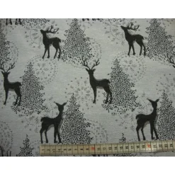 Dekostoff Weihnachten Jacquard natur – Graues Reh & Hirsch im Wald mit Glitzer silber, Meterware 140cm breit