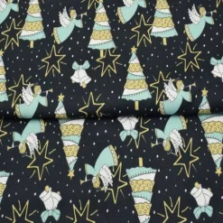 Dekostoff Weihnachtsengel Sterne Meterware schwarz weiß ocker türkis – Taschenstoff & Möbelstoff aus Baumwolle, made in EU