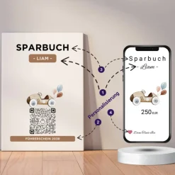 Digitales Sparbuch | Personalisiertes Geldgeschenk | QrCode Bild auf Leinwand 20x30cm | Motiv Auto