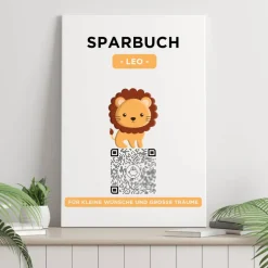 Digitales Sparbuch | Personalisiertes Geldgeschenk | QrCode Bild auf Leinwand 20x30cm | Motiv Löwe