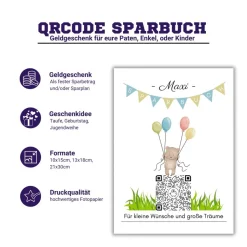 Digitales Sparbuch | Personalisiertes Geldgeschenk | QrCode Postkarte DIN A6 inkl. Briefumschlag und Anhänger | Teddy