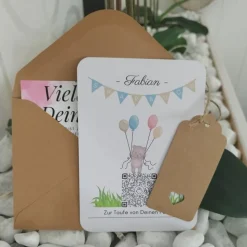 Digitales Sparbuch | Personalisiertes Geldgeschenk | QrCode Postkarte DIN A6 inkl. Briefumschlag und Anhänger | Teddy