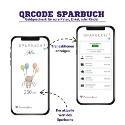 Digitales Sparbuch | Personalisiertes Geldgeschenk | QrCode Postkarte DIN A6 inkl. Briefumschlag und Anhänger | Teddy