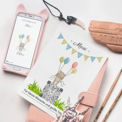 Digitales Sparbuch | Personalisiertes Geldgeschenk | QrCode Postkarte DIN A6 inkl. Briefumschlag und Anhänger | Teddy